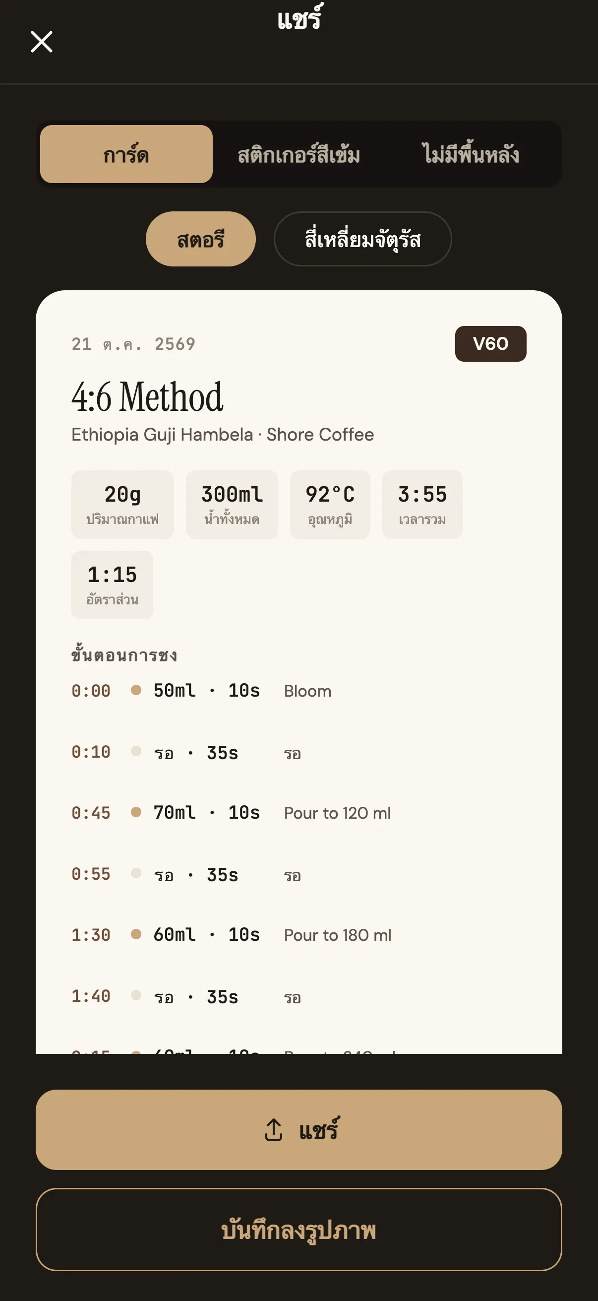 หน้าการ์ดแชร์ของ Pourline แสดงพารามิเตอร์การชงแบบ 4:6